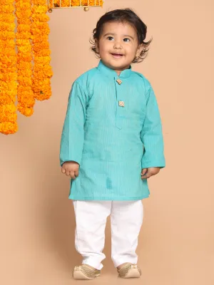 Jashvi Boy's Blue Pure Cotton Kurta With White Pyjama Set