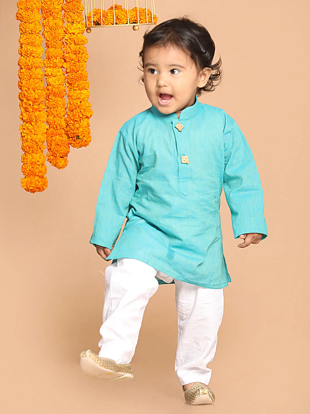 Jashvi Boy's Blue Pure Cotton Kurta With White Pyjama Set