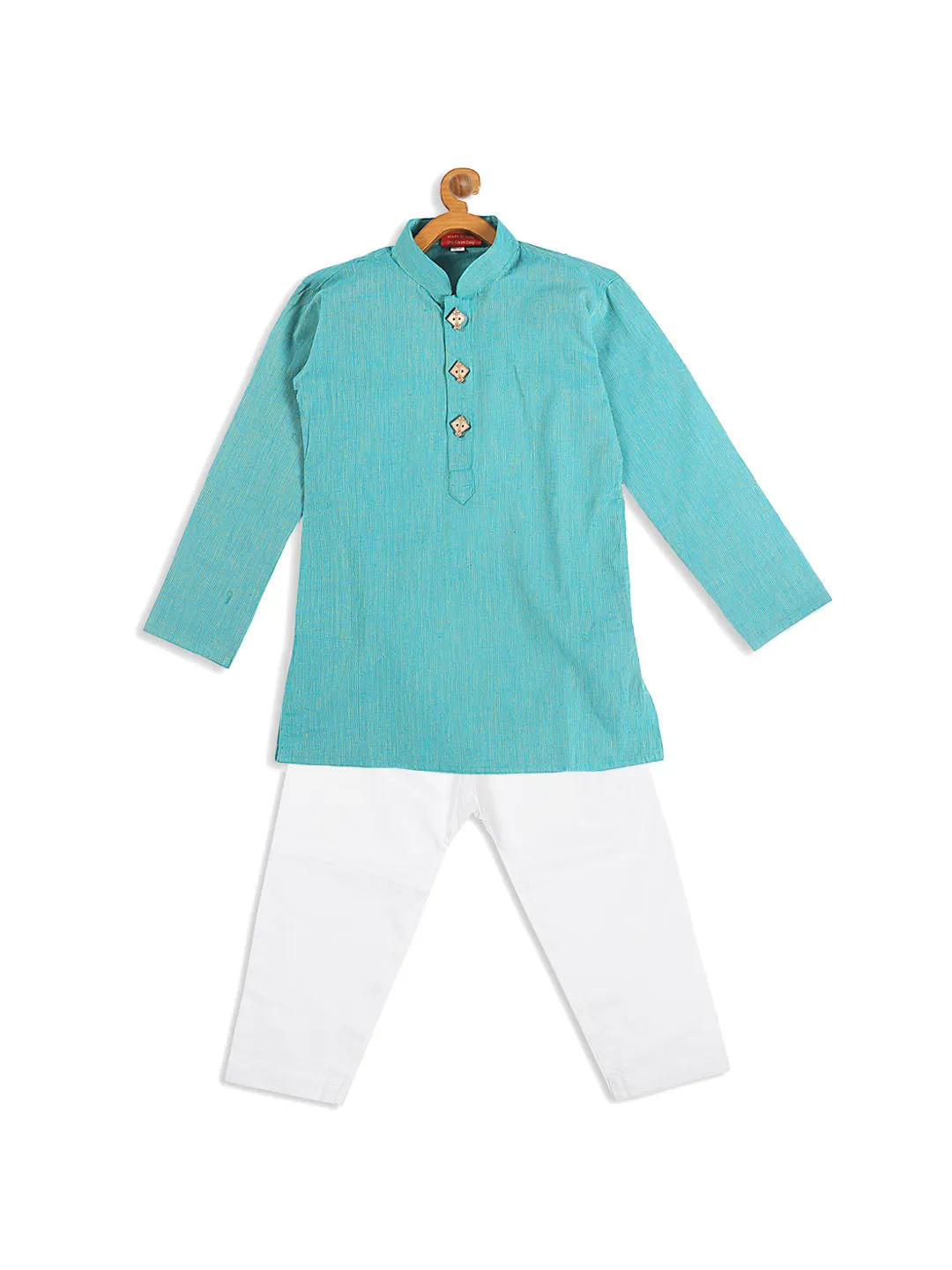 Jashvi Boy's Blue Pure Cotton Kurta With White Pyjama Set