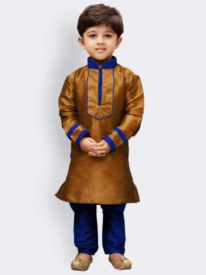 Jashvi Boys' Brown Cotton Silk Kurta and Pyjama Set