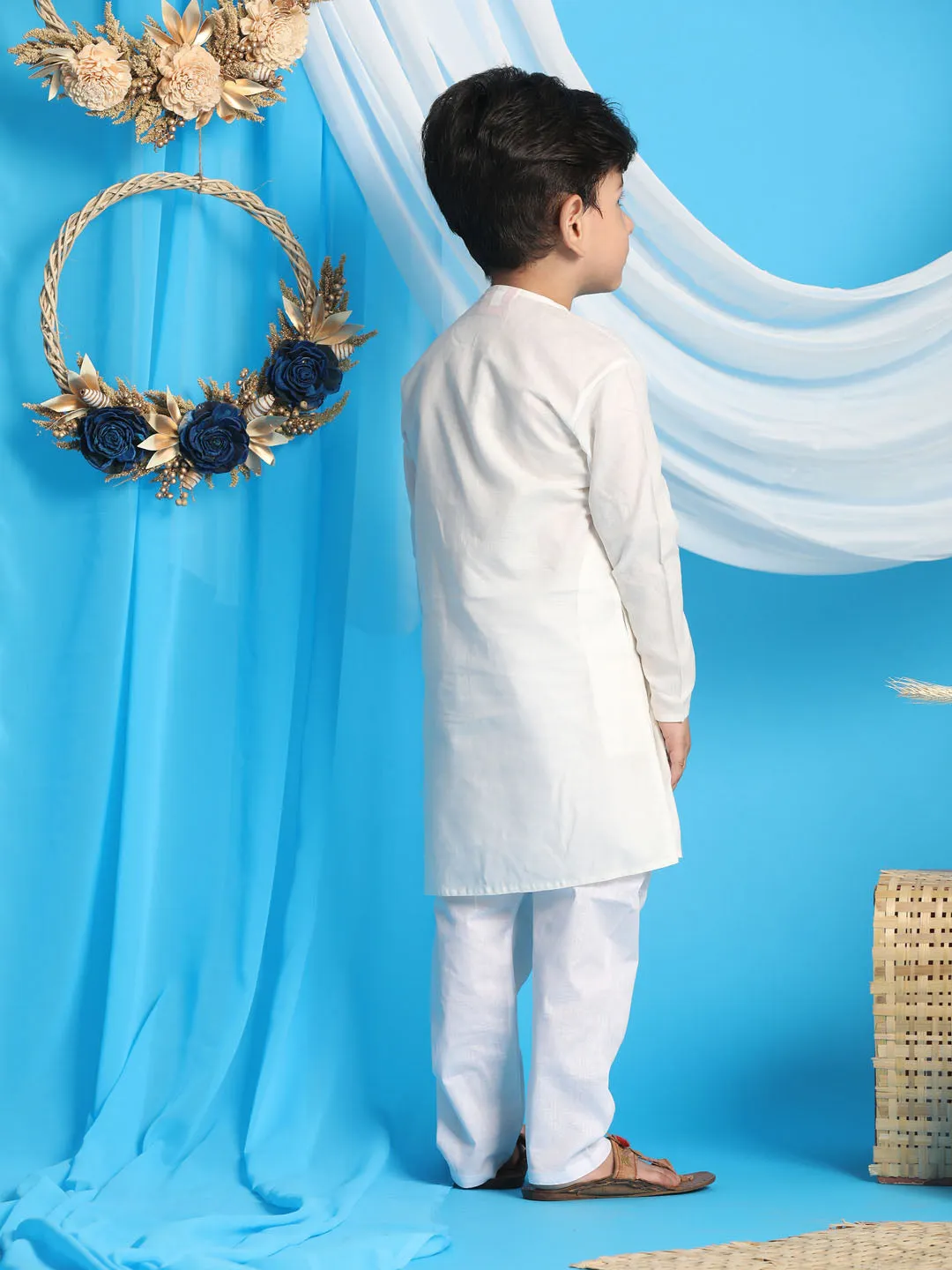 Jashvi Boys' Cream Kurta And White Pyjama Set