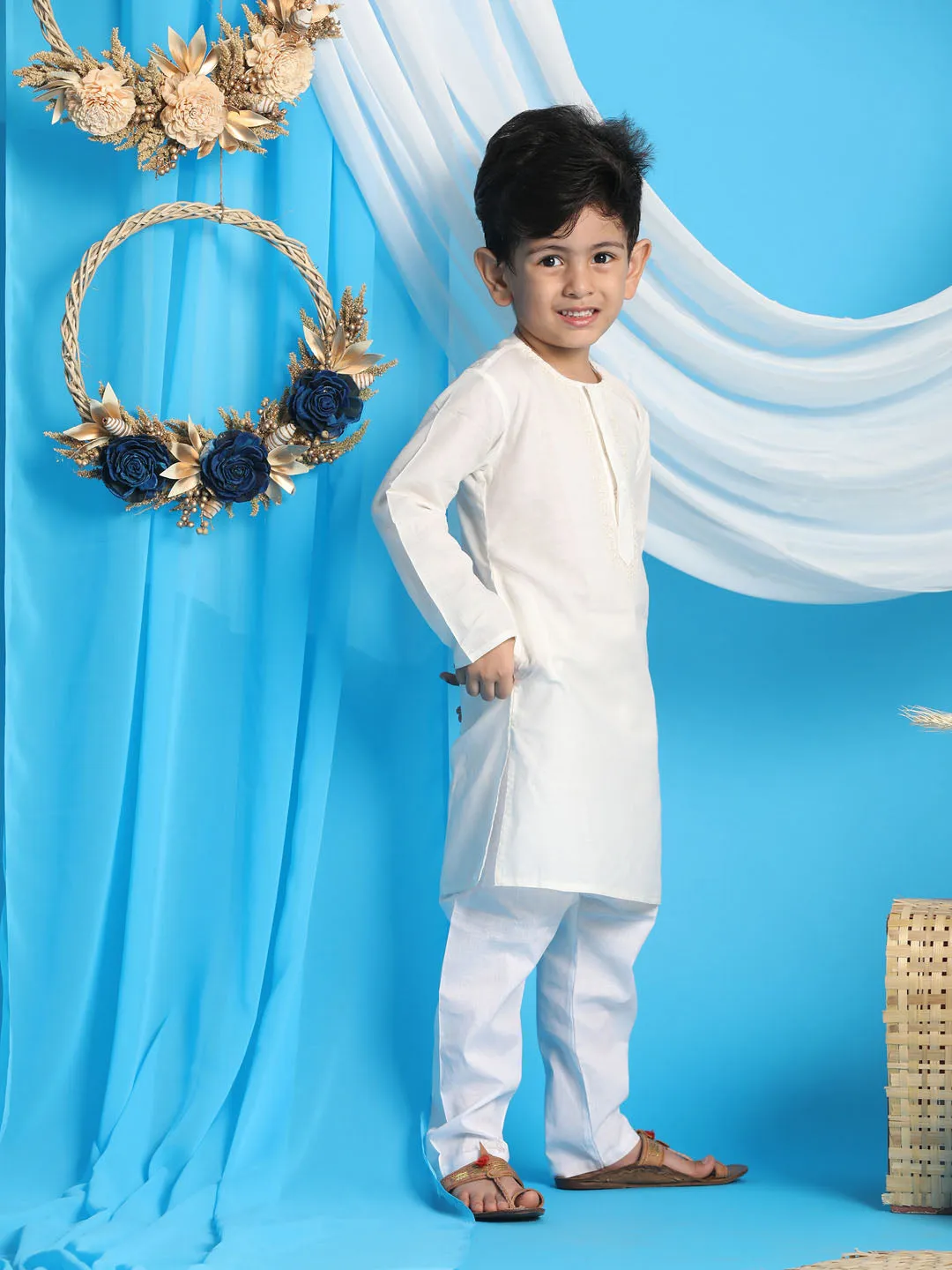 Jashvi Boys' Cream Kurta And White Pyjama Set