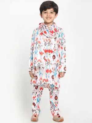 Jashvi Boy's Digital Printed Silk Blend Kurta, Pyjama & Dupatta Set