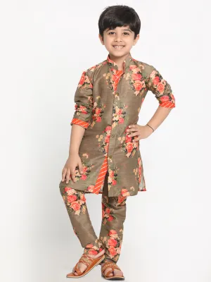 Jashvi Boys Floral Printed Beige Kurta Pyjama Set With Laharia Border