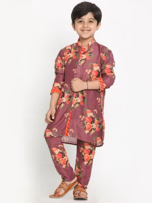 Jashvi Boys Floral Printed Wine Kurta Pyjama Set With Laharia Border