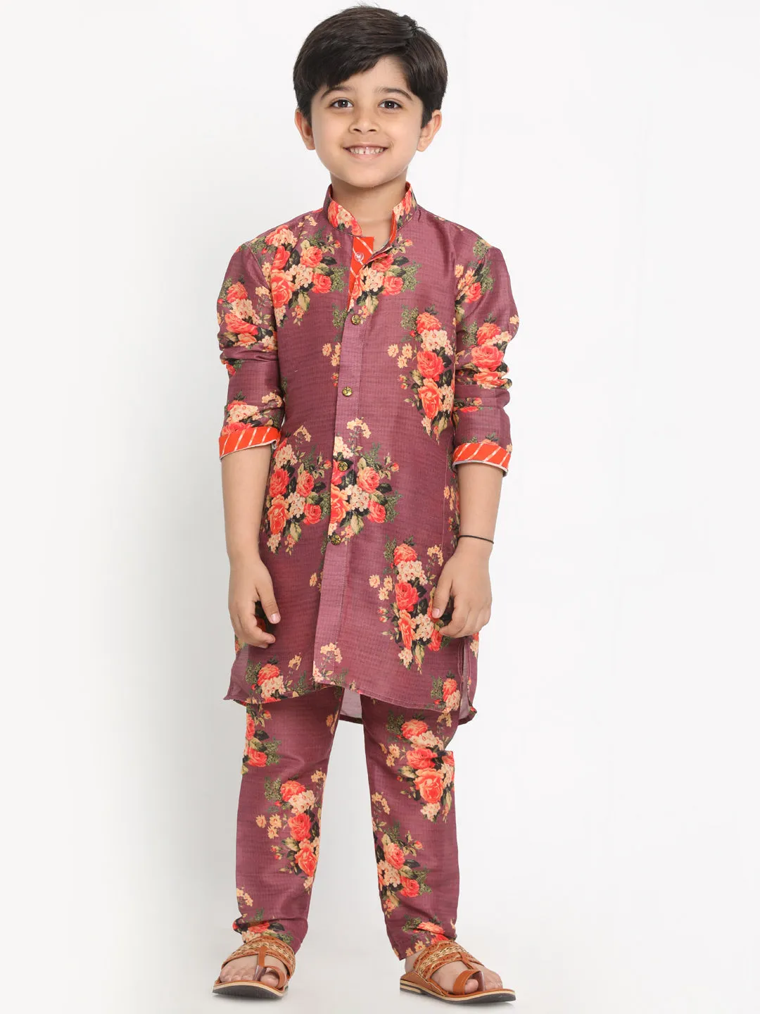 Jashvi Boys Floral Printed Wine Kurta Pyjama Set With Laharia Border