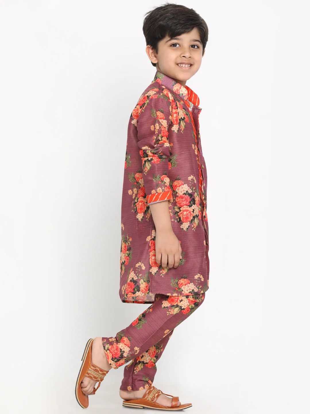 Jashvi Boys Floral Printed Wine Kurta Pyjama Set With Laharia Border