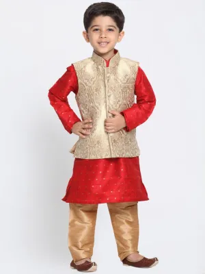 Jashvi Boys Gold Cotton Silk Blend Kurta, Waistcoat and Pyjama Set