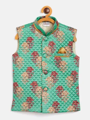 Jashvi Boys Green & Maroon Printed Slim Fit Woven Nehru Jacket