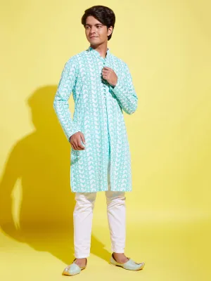 Jashvi Boy's Green Chikankari Kurta With White Pyjama Set