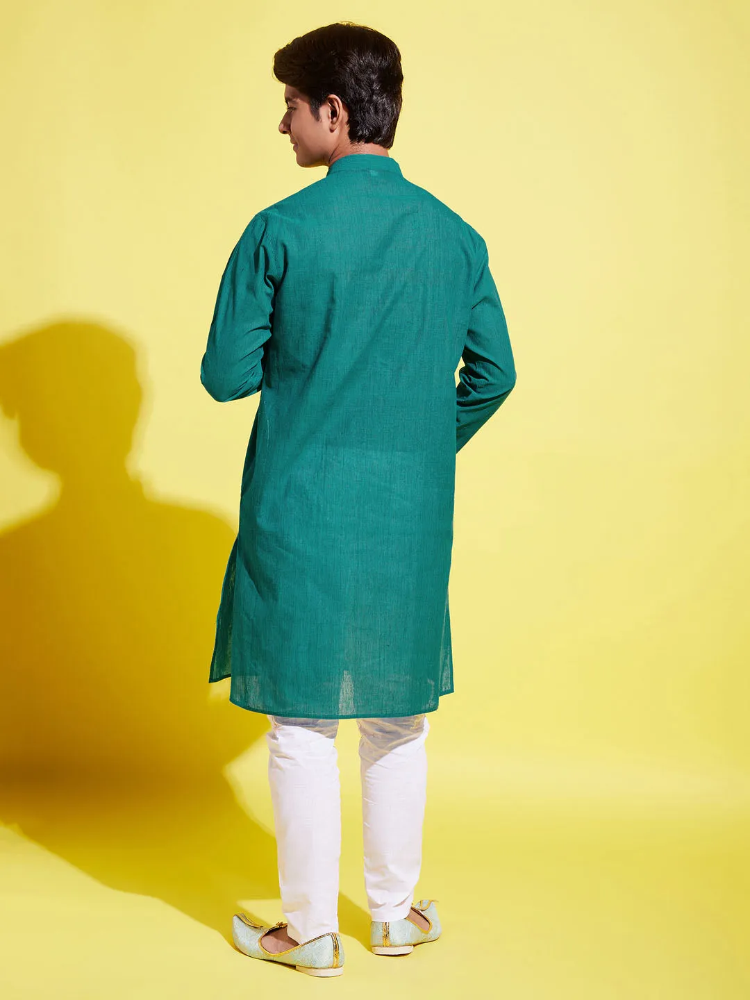 Jashvi Boy's Green Cotton Kurta and Pyjama Set