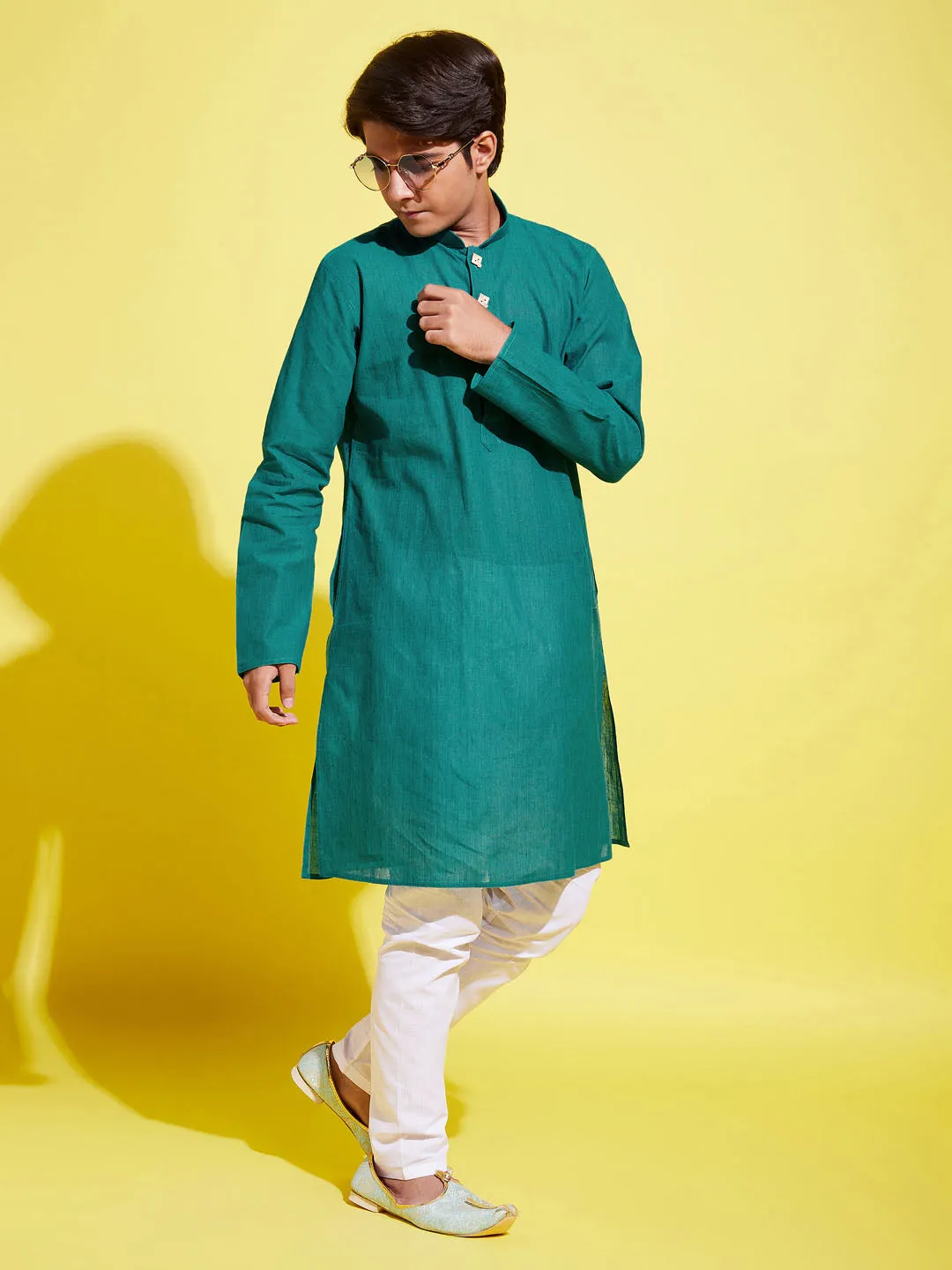 Jashvi Boy's Green Cotton Kurta and Pyjama Set