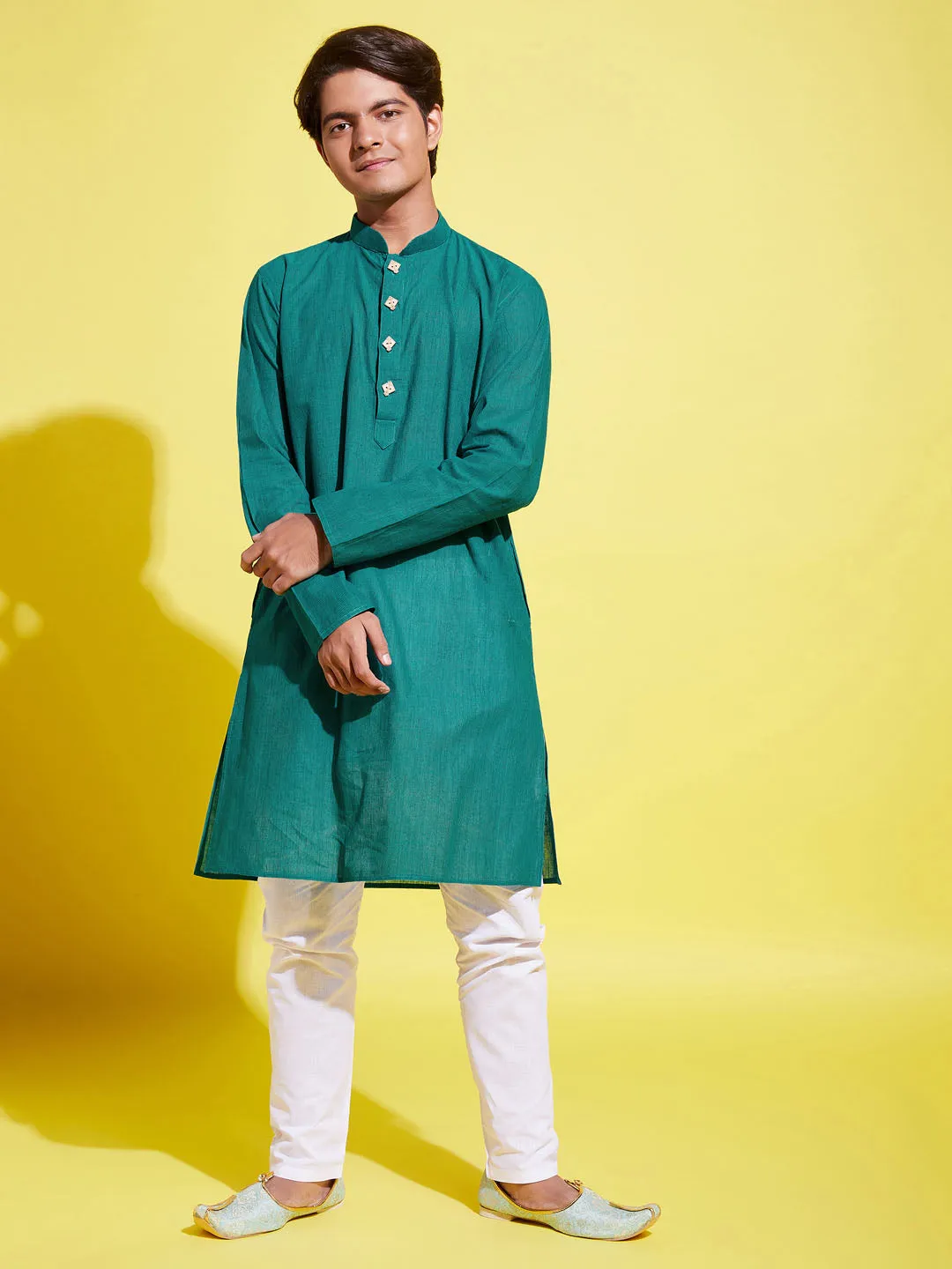 Jashvi Boy's Green Cotton Kurta and Pyjama Set