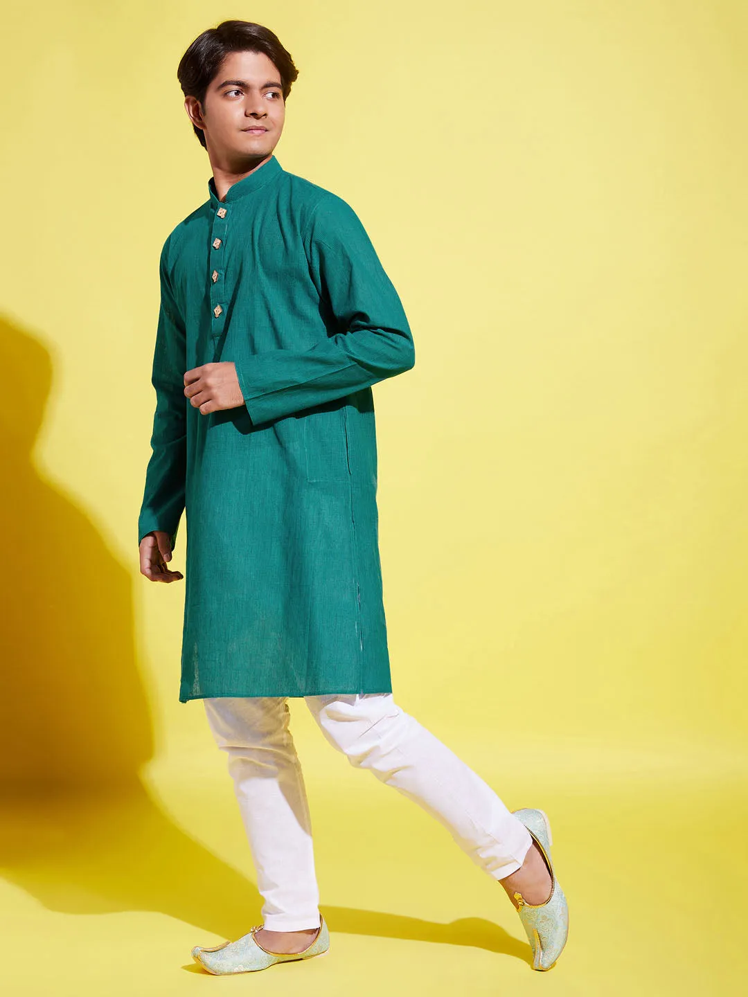 Jashvi Boy's Green Cotton Kurta and Pyjama Set