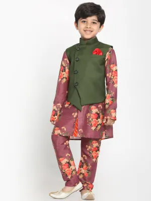 Jashvi Boy's Green Twill Jacket, Printed Kurta and Pyjama Set