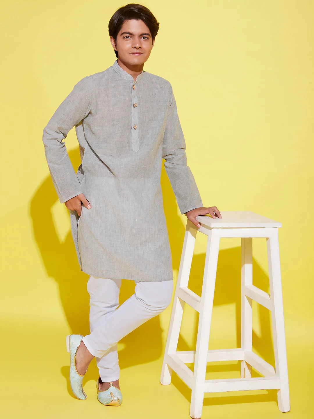 Jashvi Boy's Grey Cotton Kurta and Pyjama Set