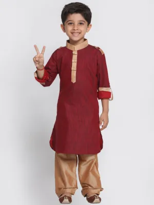 Jashvi Boy's Maroon Cotton Pathani Suit