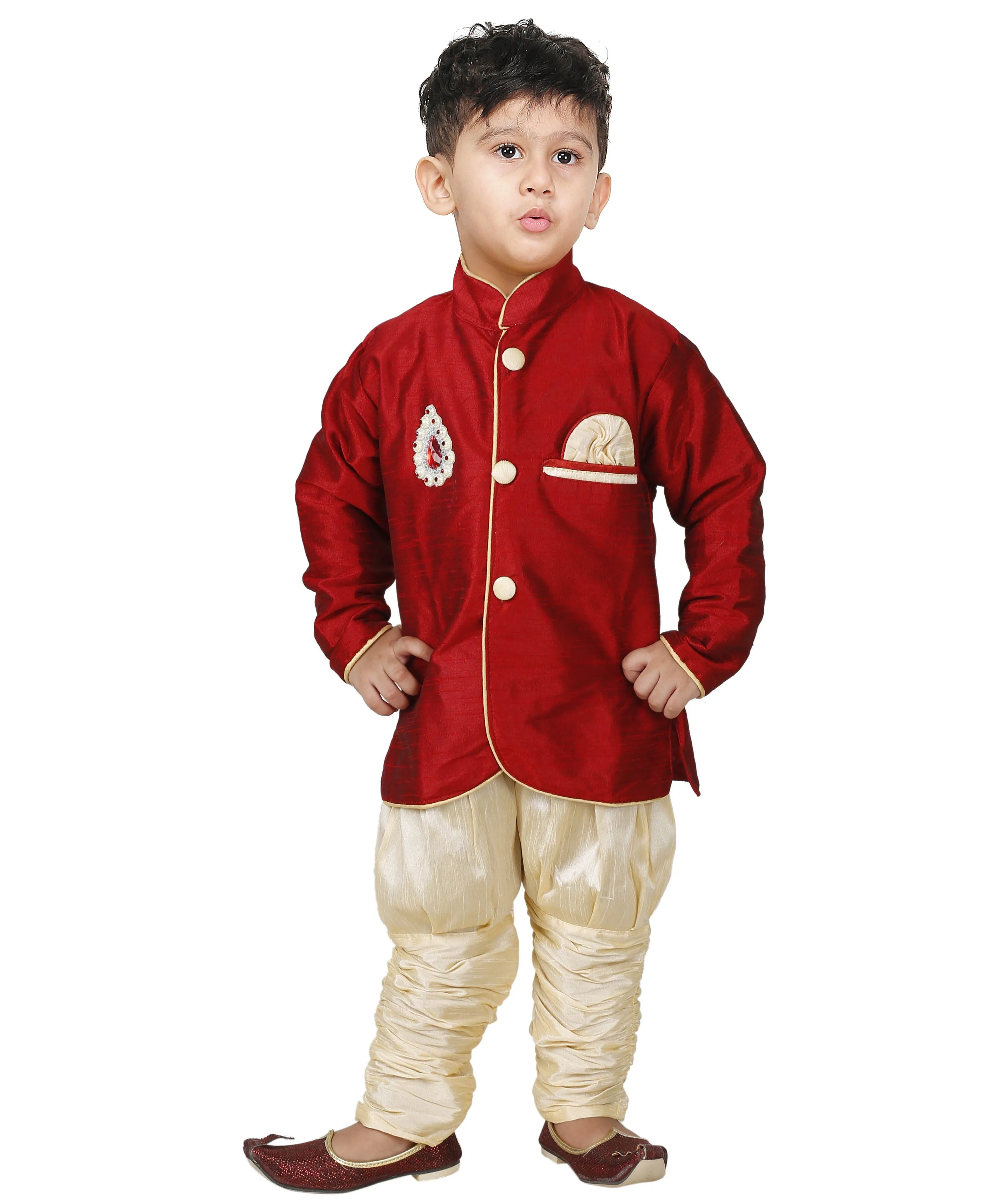 Jashvi Boys' Maroon Cotton Silk Sherwani With Gold Dhoti And Breedges