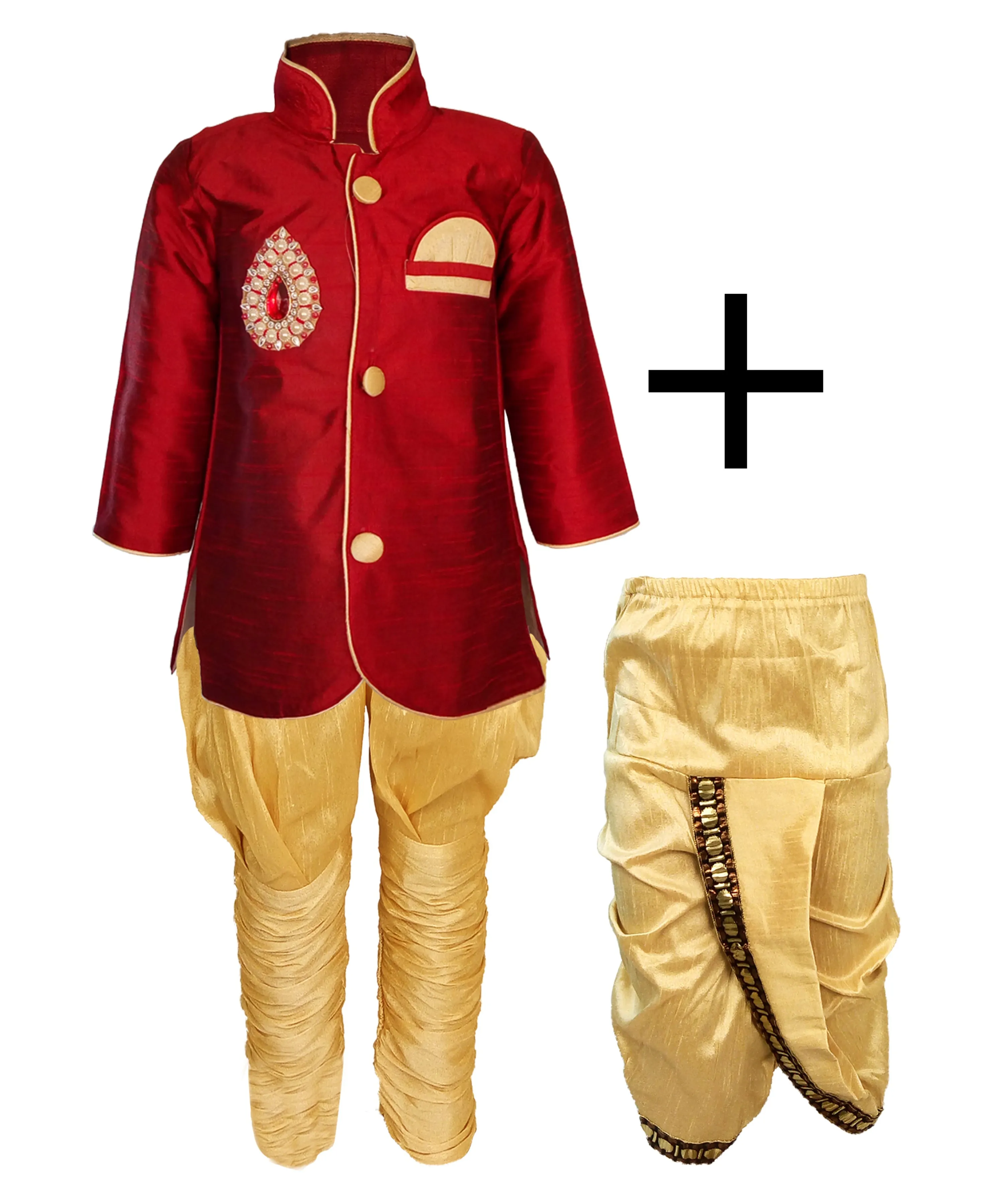 Jashvi Boys' Maroon Cotton Silk Sherwani With Gold Dhoti And Breedges