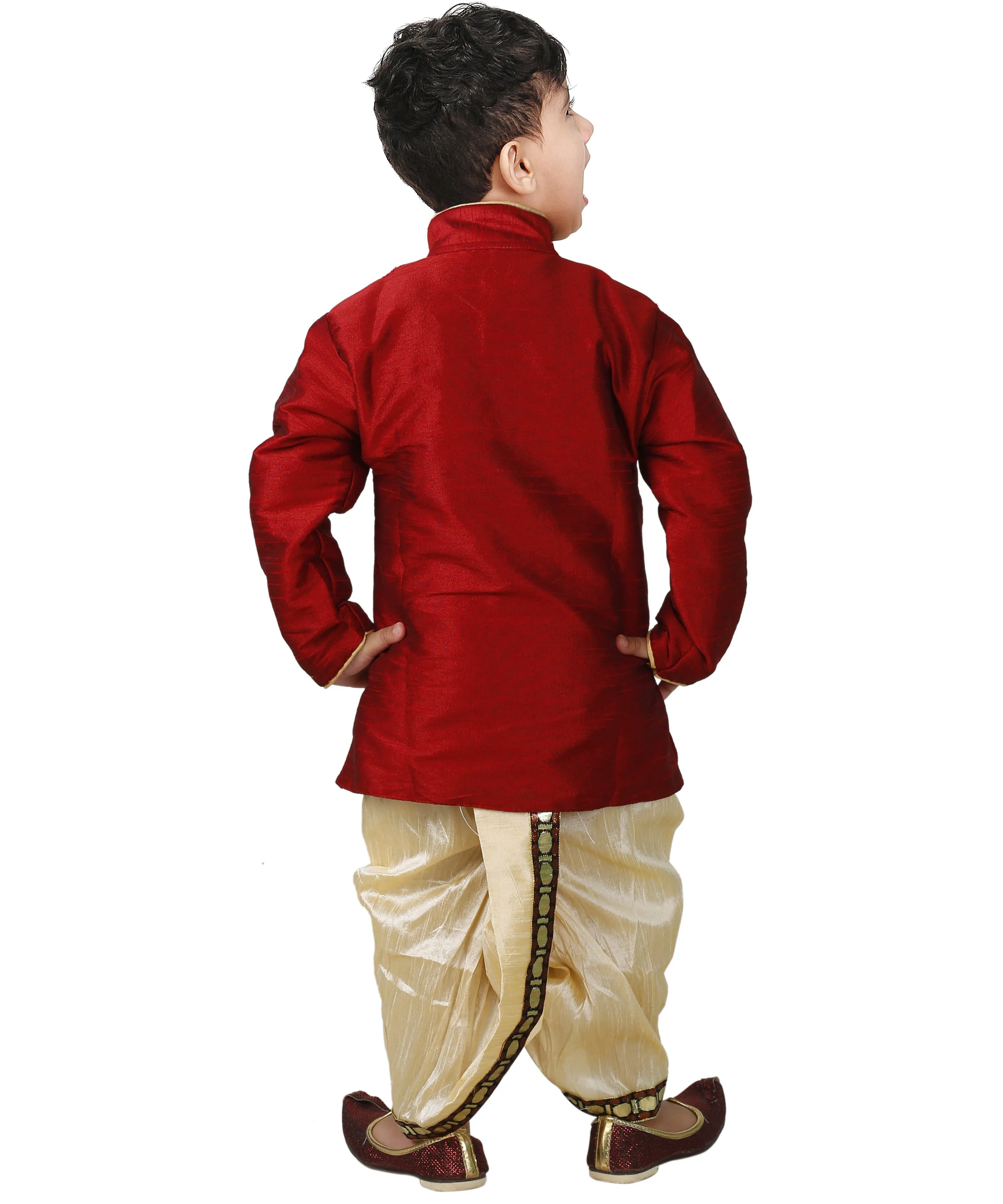 Jashvi Boys' Maroon Cotton Silk Sherwani With Gold Dhoti And Breedges