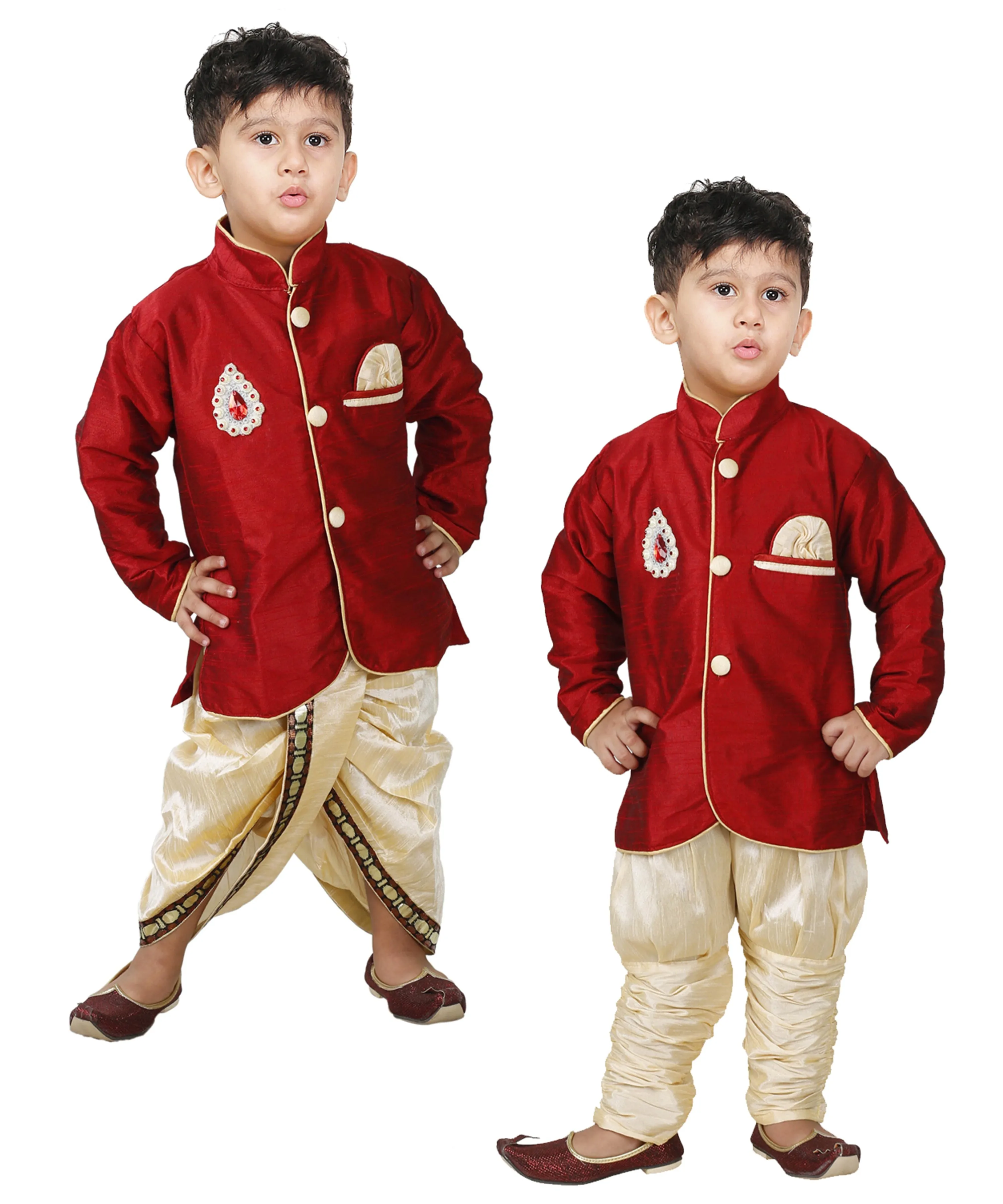 Jashvi Boys' Maroon Cotton Silk Sherwani With Gold Dhoti And Breedges