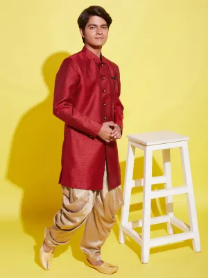 Jashvi Boys Maroon Indo Western Jacquard Sherwani and Dhoti Pant Set