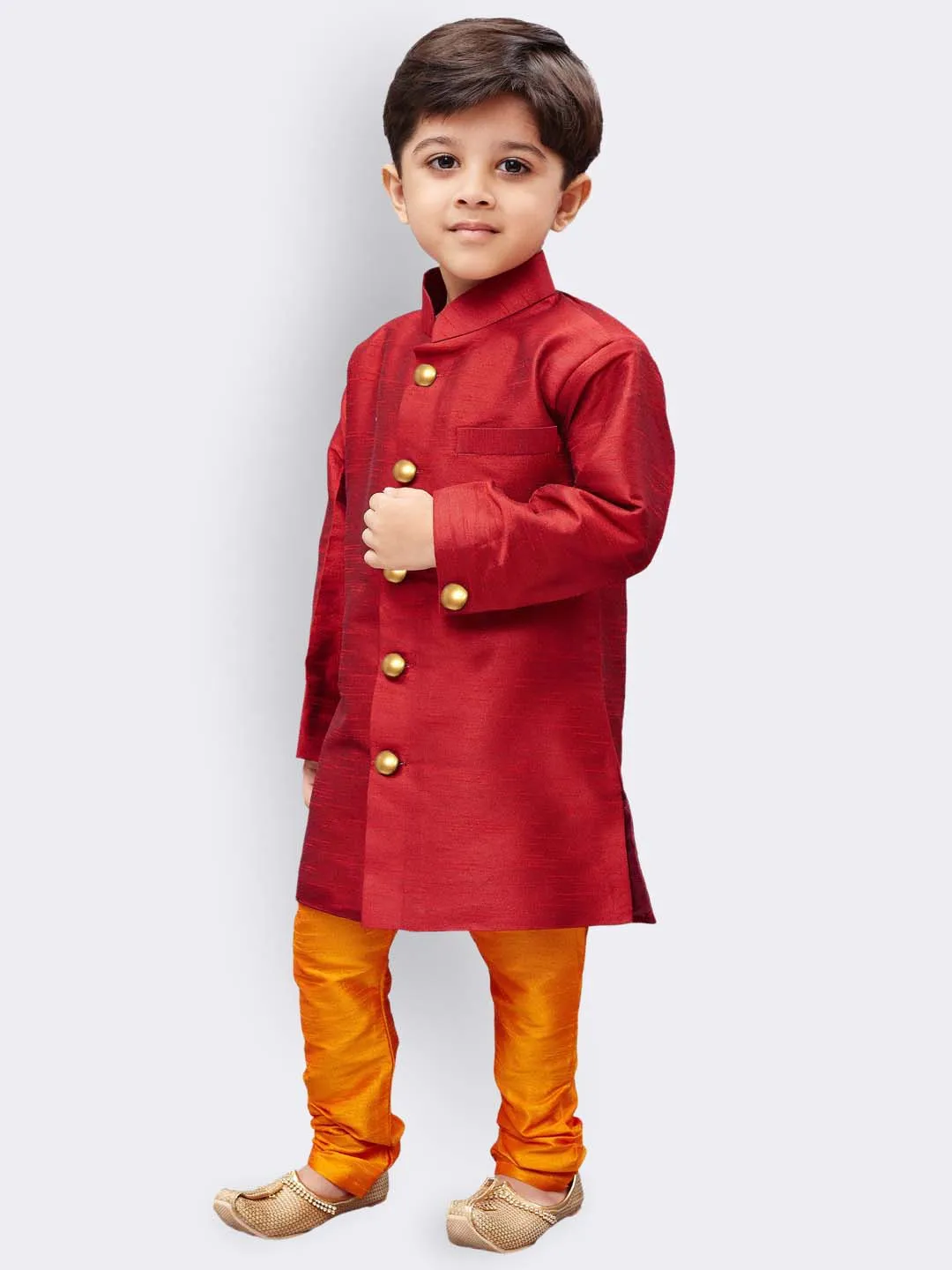 Jashvi Boys' Maroon Silk Blend Kurta Pyjama Set