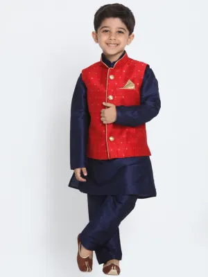 Jashvi Boys Maroon Silk Blend Nehru Jacket With Navy Blue Kurta And Pyjama Set