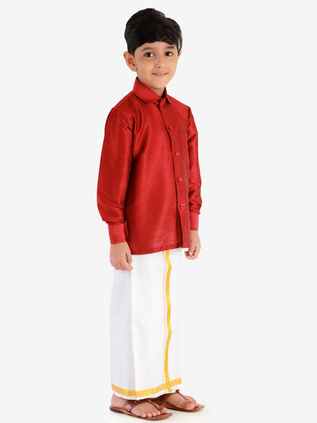 Jashvi Boys' Maroon Silk Long Sleeves Ethnic Shirt Mundu Vesty Style Dhoti Pant Set