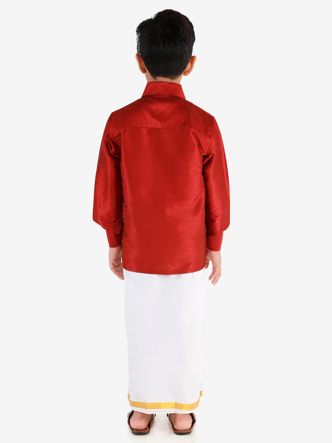 Jashvi Boys' Maroon Silk Long Sleeves Ethnic Shirt Mundu Vesty Style Dhoti Pant Set