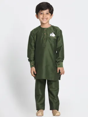 Jashvi Boy's Mehandi Green Cotton Blend Kurta Pyjama Set