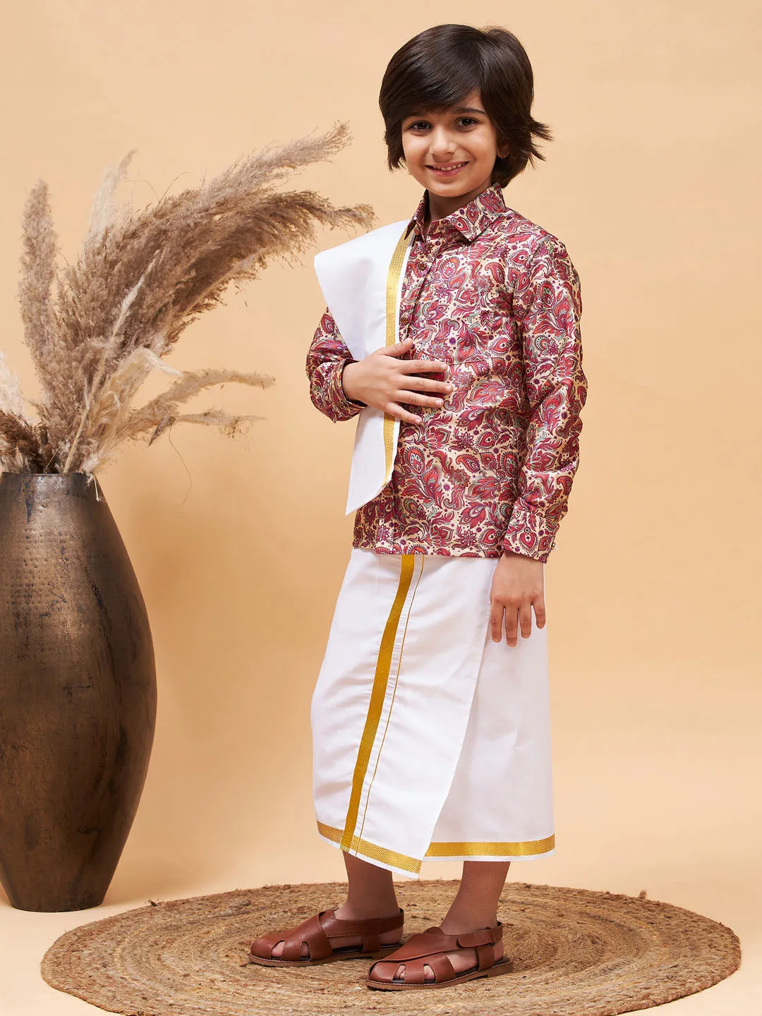 Jashvi Boys' Multi Silk Long Sleeves Ethnic Shirt Mundu Vesty Style Dhoti Pant Set