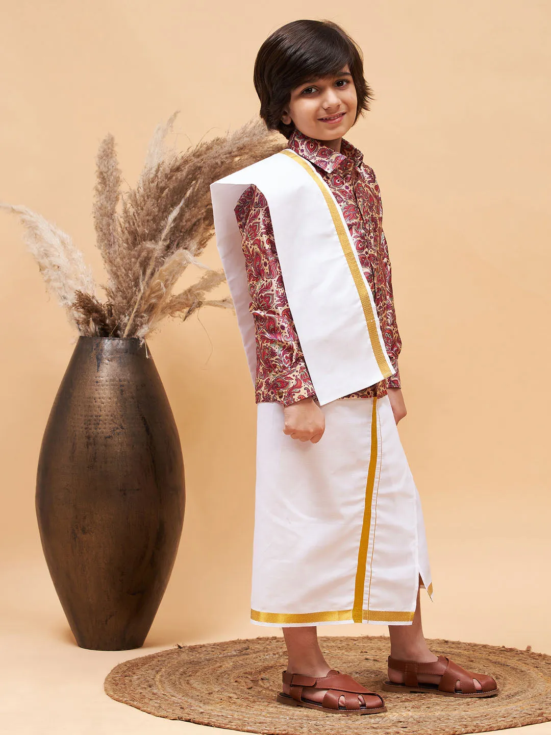 Jashvi Boys' Multi Silk Long Sleeves Ethnic Shirt Mundu Vesty Style Dhoti Pant Set