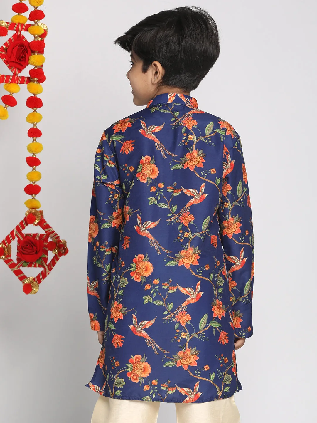 Jashvi Boys' Multicolor-Base-Navy Blue Kurta With Leheriya Border