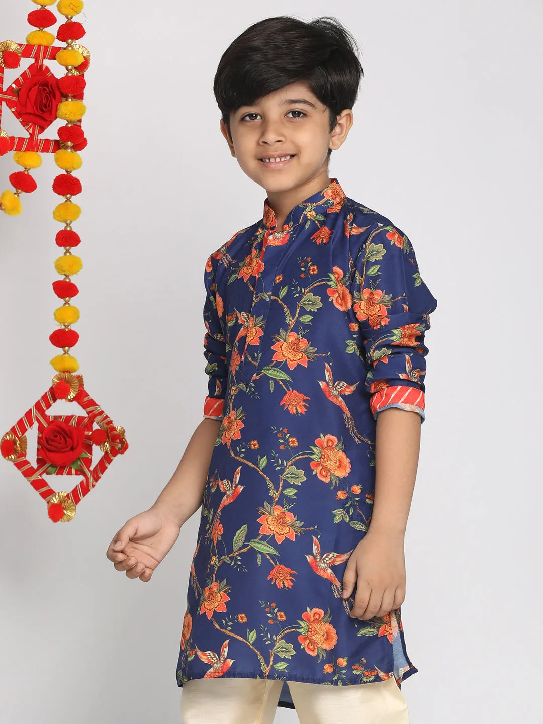 Jashvi Boys' Multicolor-Base-Navy Blue Kurta With Leheriya Border