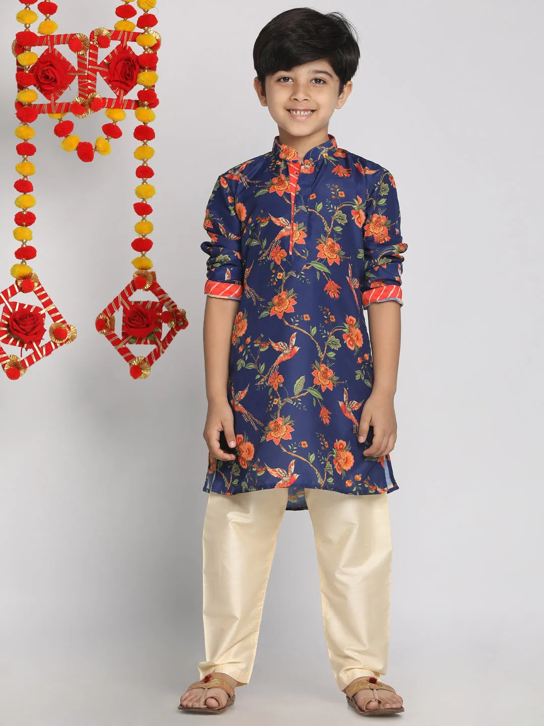 Jashvi Boys' Multicolor-Base-Navy Blue Kurta With Leheriya Border