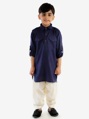 Jashvi Boy's Navy Blue Cotton Blend Pathani Suit Set