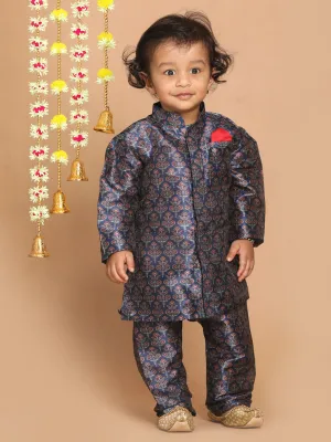 Jashvi Boy's Navy Blue Floral Printed Kurta And Pyjama Set