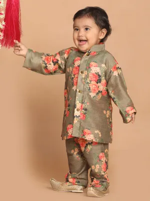 Jashvi Boys Olive Green Floral Printed Kurta With Pyjama Set