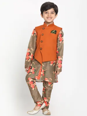 Jashvi Boy's Orange Twill Jacket, Printed Kurta and Pyjama Set