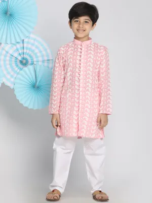 Jashvi Boys Pink And White Kurta Pyjama Set