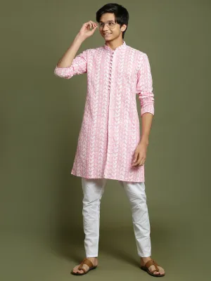 Jashvi Boys' Pink Chaikankari Kurta With White Pyjama Set