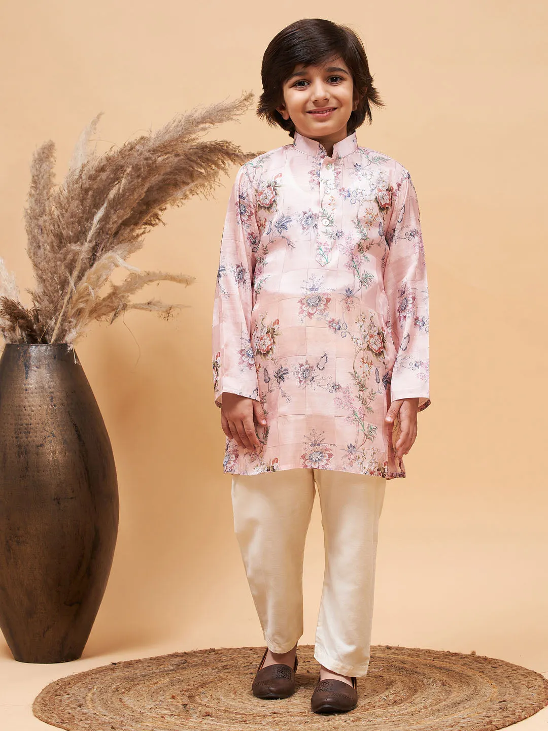 Jashvi Boy's Pink Floral Printed Silk Blend Kurta Pyjama Set