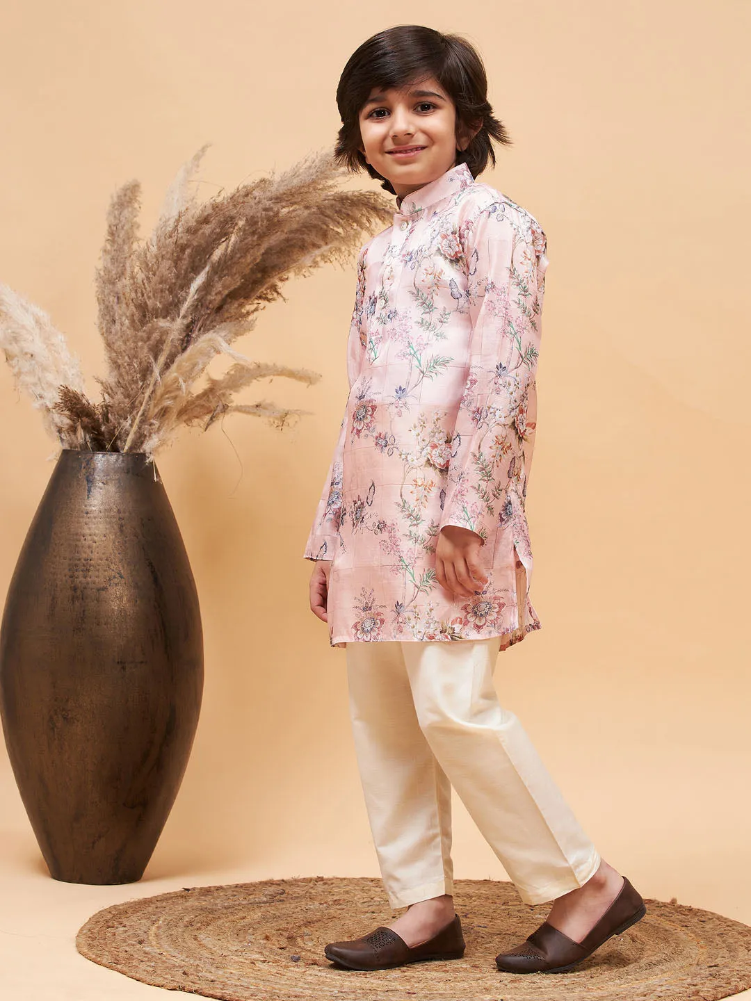 Jashvi Boy's Pink Floral Printed Silk Blend Kurta Pyjama Set