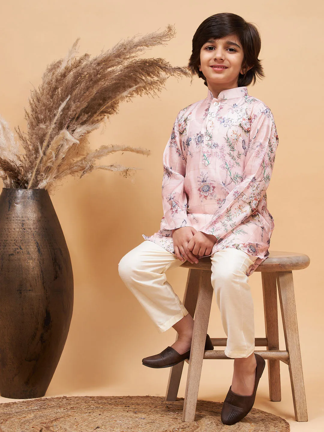 Jashvi Boy's Pink Floral Printed Silk Blend Kurta Pyjama Set