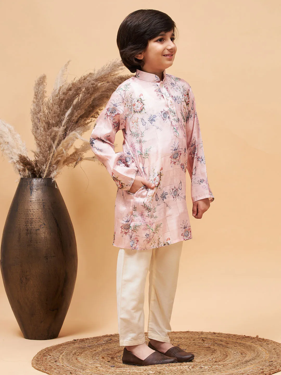 Jashvi Boy's Pink Floral Printed Silk Blend Kurta Pyjama Set