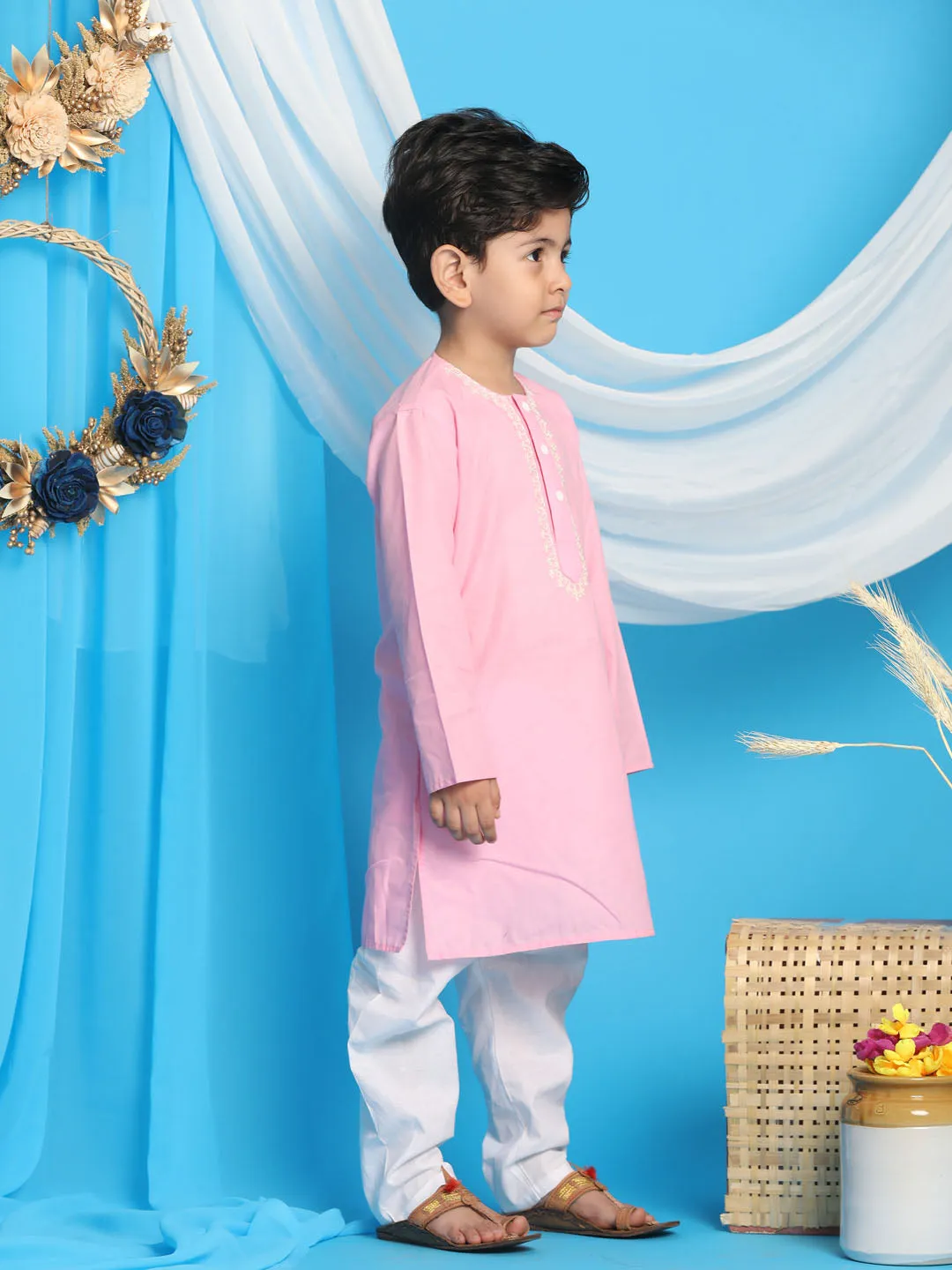 Jashvi Boys' Pink Kurta And White Pyjama Set