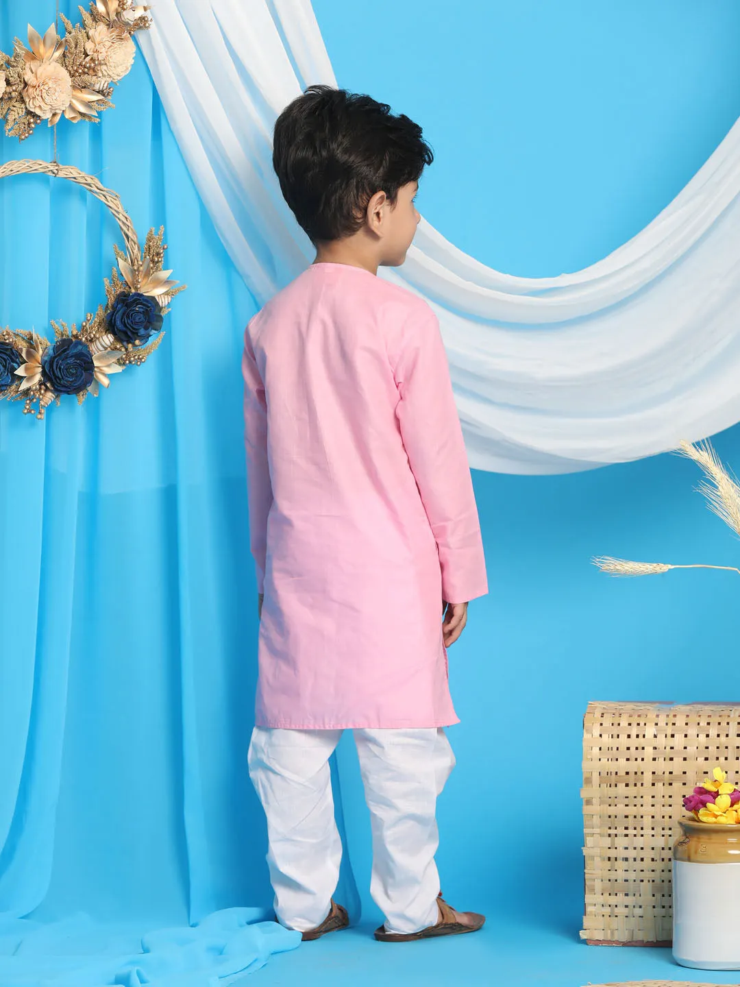 Jashvi Boys' Pink Kurta And White Pyjama Set