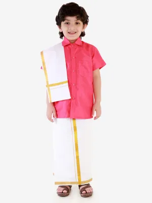 Jashvi Boys' Punch Pink Silk Short Sleeves Ethnic Shirt Mundu Vesty Style Dhoti Pant Set