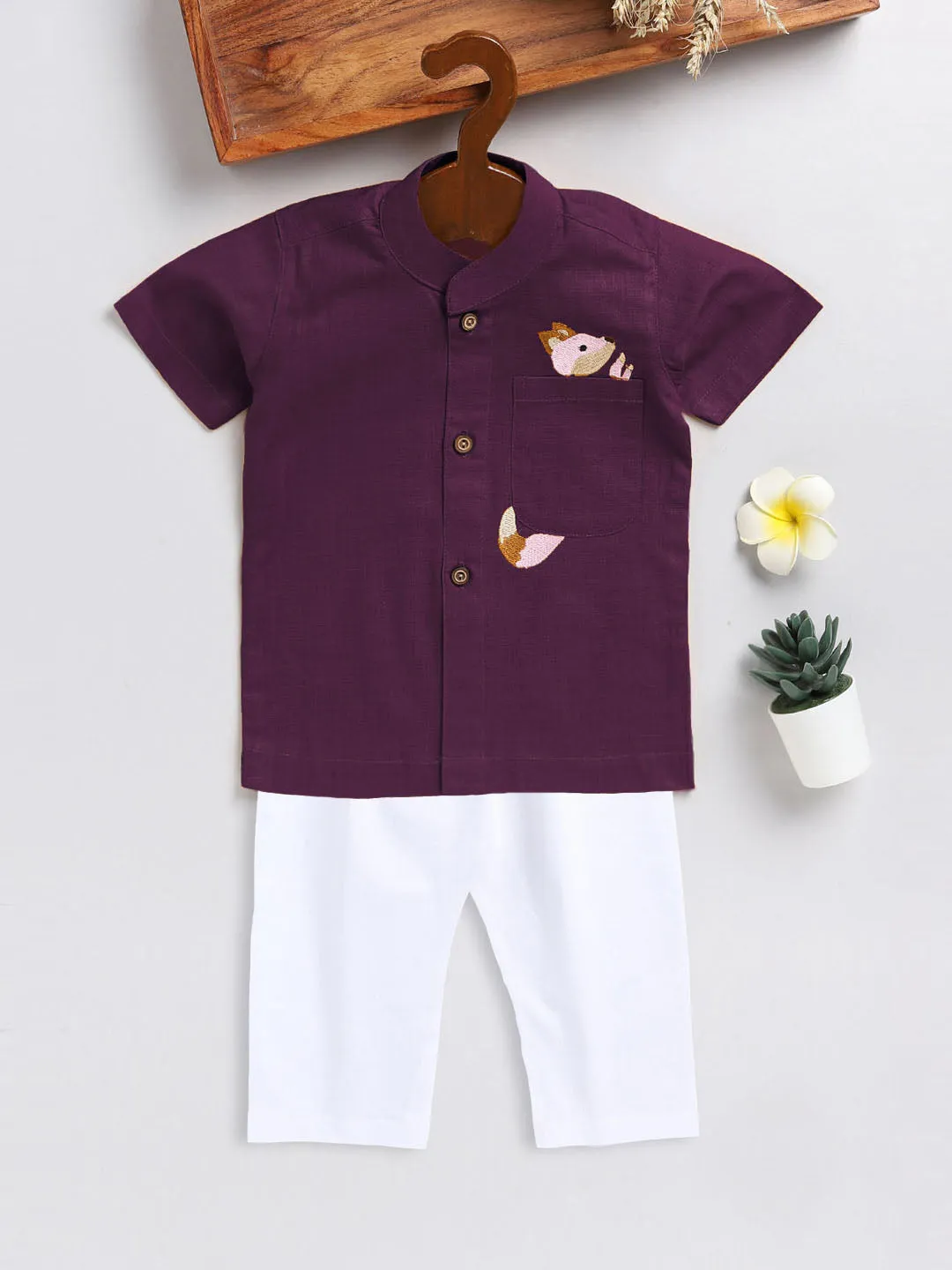 Jashvi Boy's Purple and White Embroidered Cotton Kurta Pyjama Set